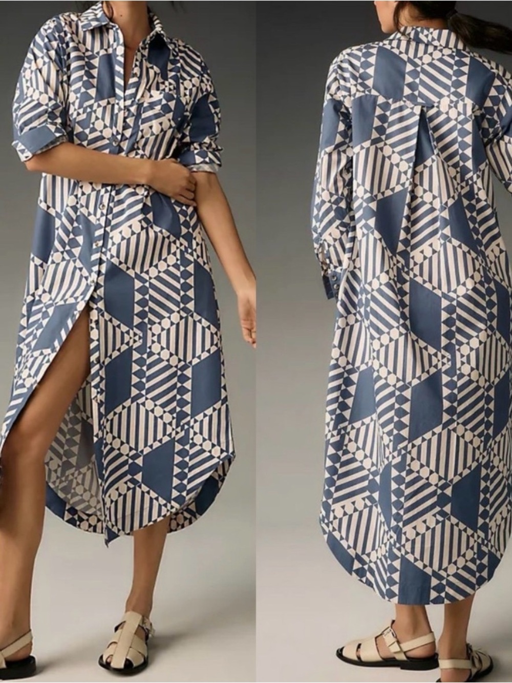 Anthropologie X Maeve Soren Long Sleeve Shirt Dress Shirt Dress Midi Blue